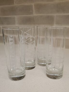 Vintage Clear Glass Highball Tumblers with Etched Atomic Style Patterns Set of 4